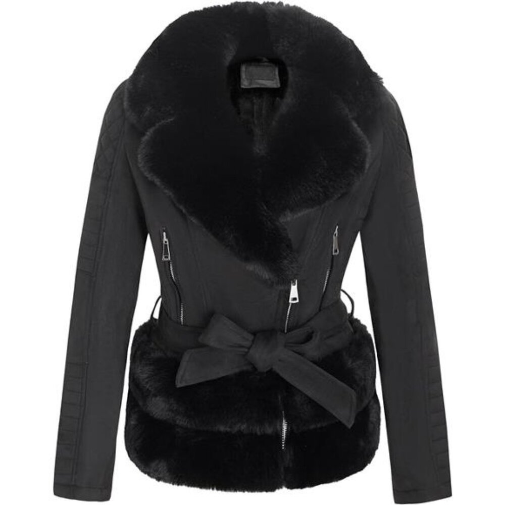 Women Faux Suede Leather Jacket Moto Biker Coat Sherpa-Lined Detachable Belt